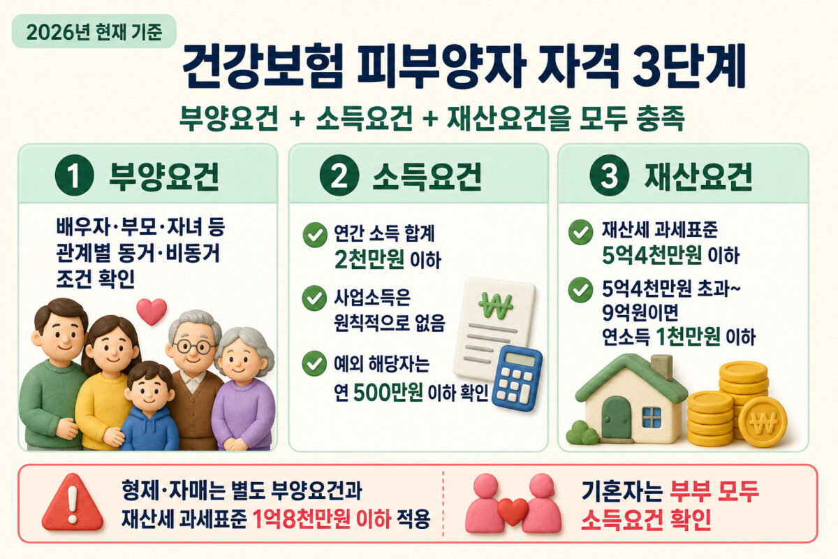건강보험 피부양자 부양 소득 재산 자격요건 3단계 인포그래픽