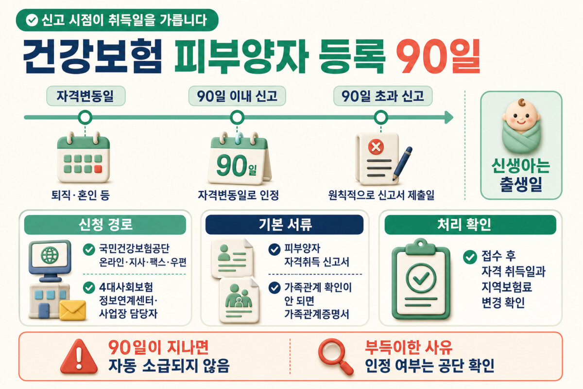 건강보험 피부양자 등록 90일 취득일과 신청 경로 서류 인포그래픽