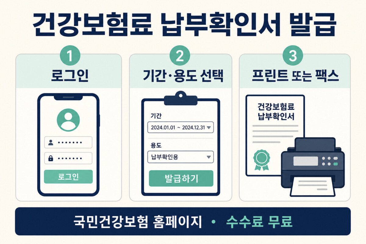 건강보험료 납부확인서 로그인 기간 용도 선택 프린트 팩스 발급 순서 인포그래픽