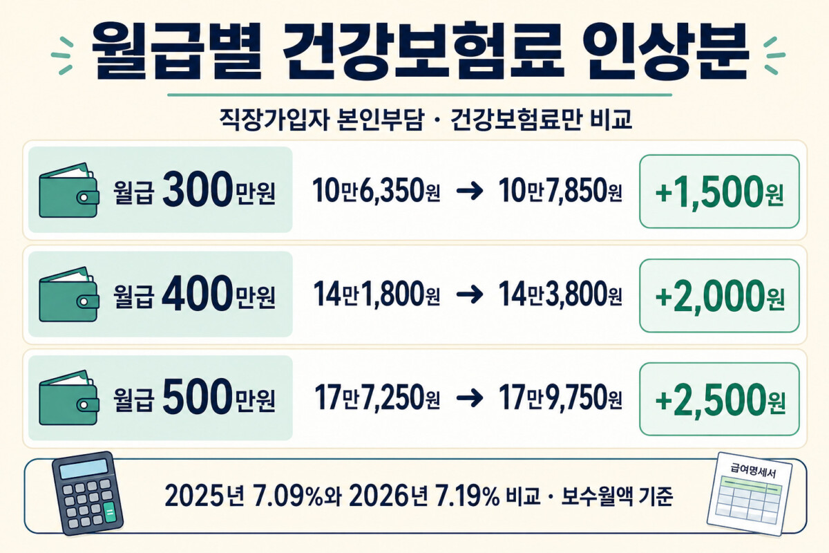 월급 300만원 400만원 500만원 건강보험료 본인부담 증가액 계산 인포그래픽