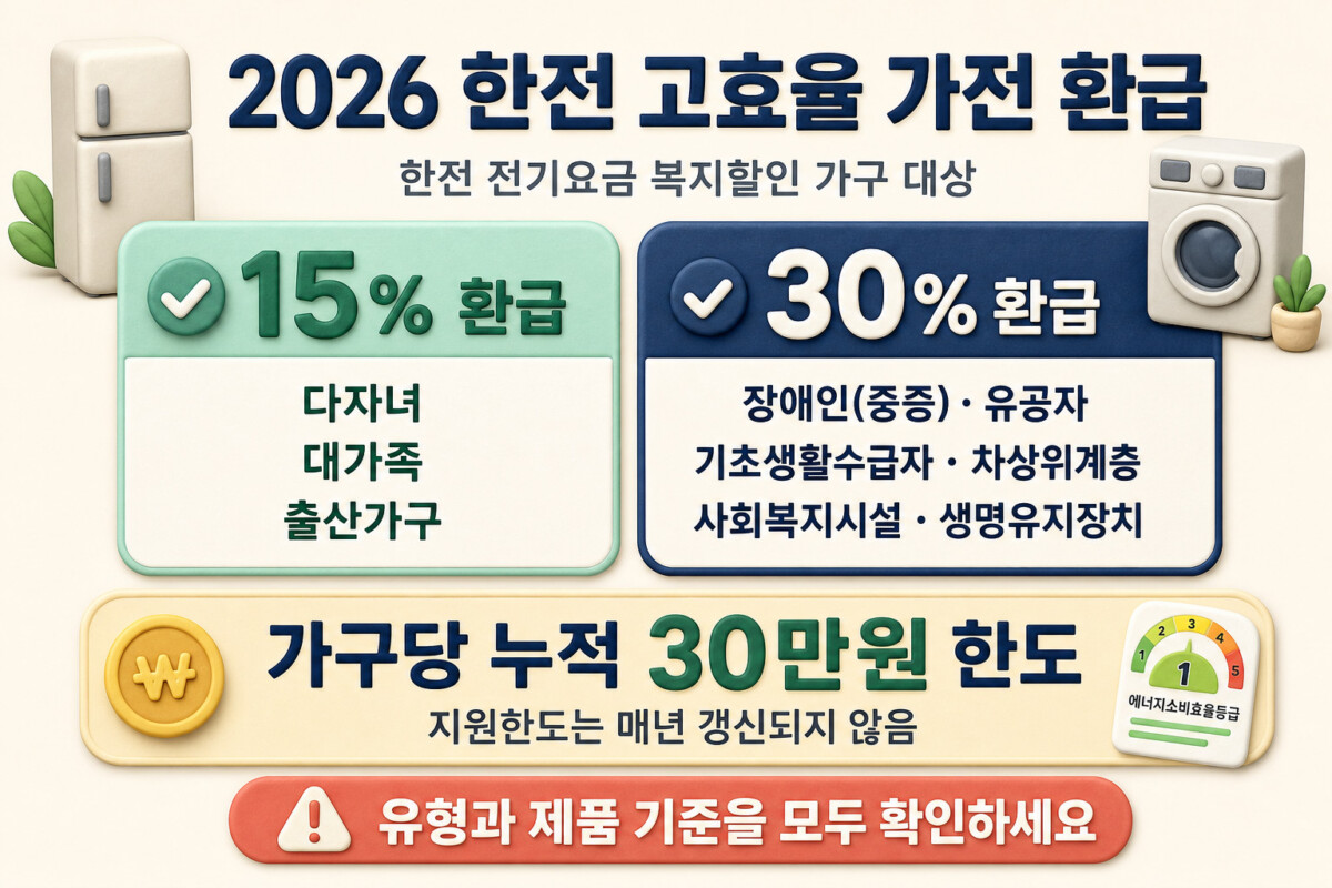 2026 한전 고효율 가전 환급 대상별 15퍼센트 30퍼센트와 누적 30만원 한도 인포그래픽