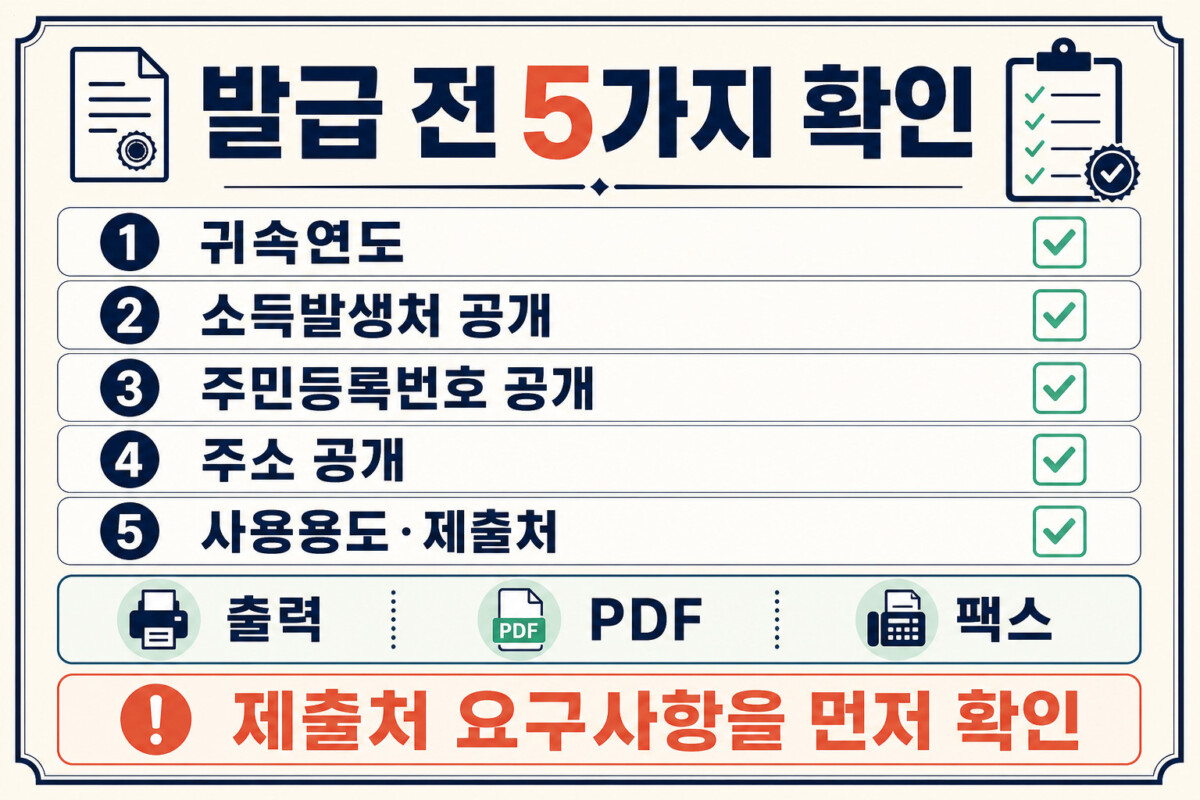 소득금액증명원 신청 귀속연도 공개범위 용도 수령방법 체크리스트 인포그래픽