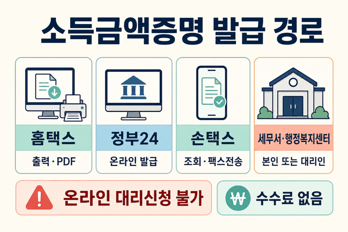 소득금액증명원 홈택스 정부24 손택스 방문 발급 경로 인포그래픽