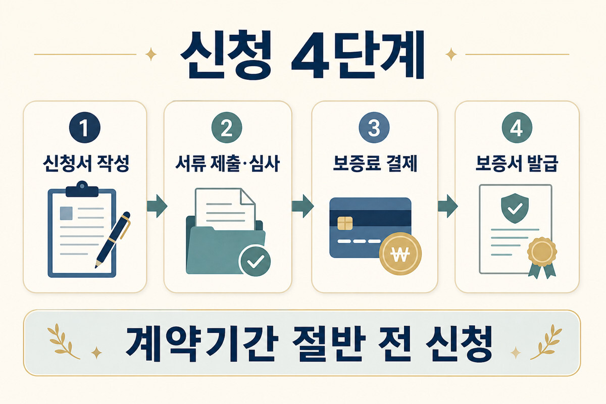 전세보증보험 신청서 작성 서류 심사 결제 보증서 발급 4단계 인포그래픽