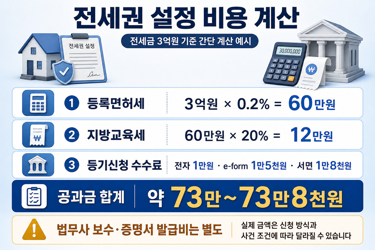 전세금 3억원 전세권 설정 등록면허세 지방교육세 등기신청 수수료 계산 인포그래픽