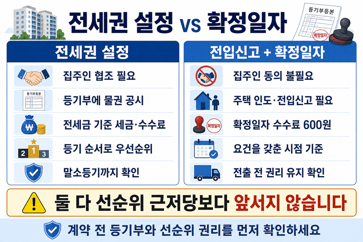 전세권 설정과 전입신고 확정일자 집주인 동의 비용 우선순위 비교 인포그래픽