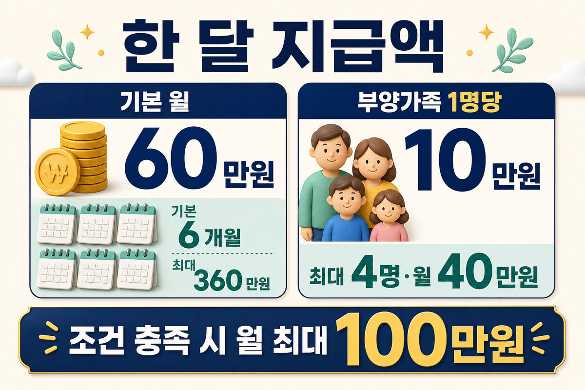 2026 구직촉진수당 월 60만원 6개월과 부양가족 1명당 10만원 최대 40만원 인포그래픽