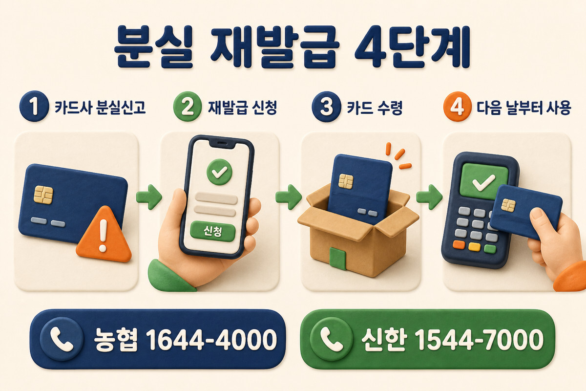 국민내일배움카드 분실 신고 카드사 재발급 수령 다음 날 사용 4단계 인포그래픽