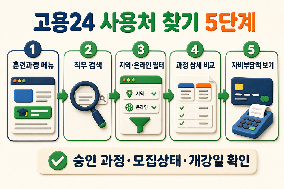 고용24 국민내일배움카드 훈련과정 검색 필터 상세 자비부담 5단계 인포그래픽