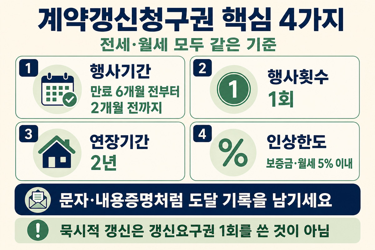 계약갱신청구권 행사기간 6~2개월 1회 2년 5% 핵심 규칙 인포그래픽
