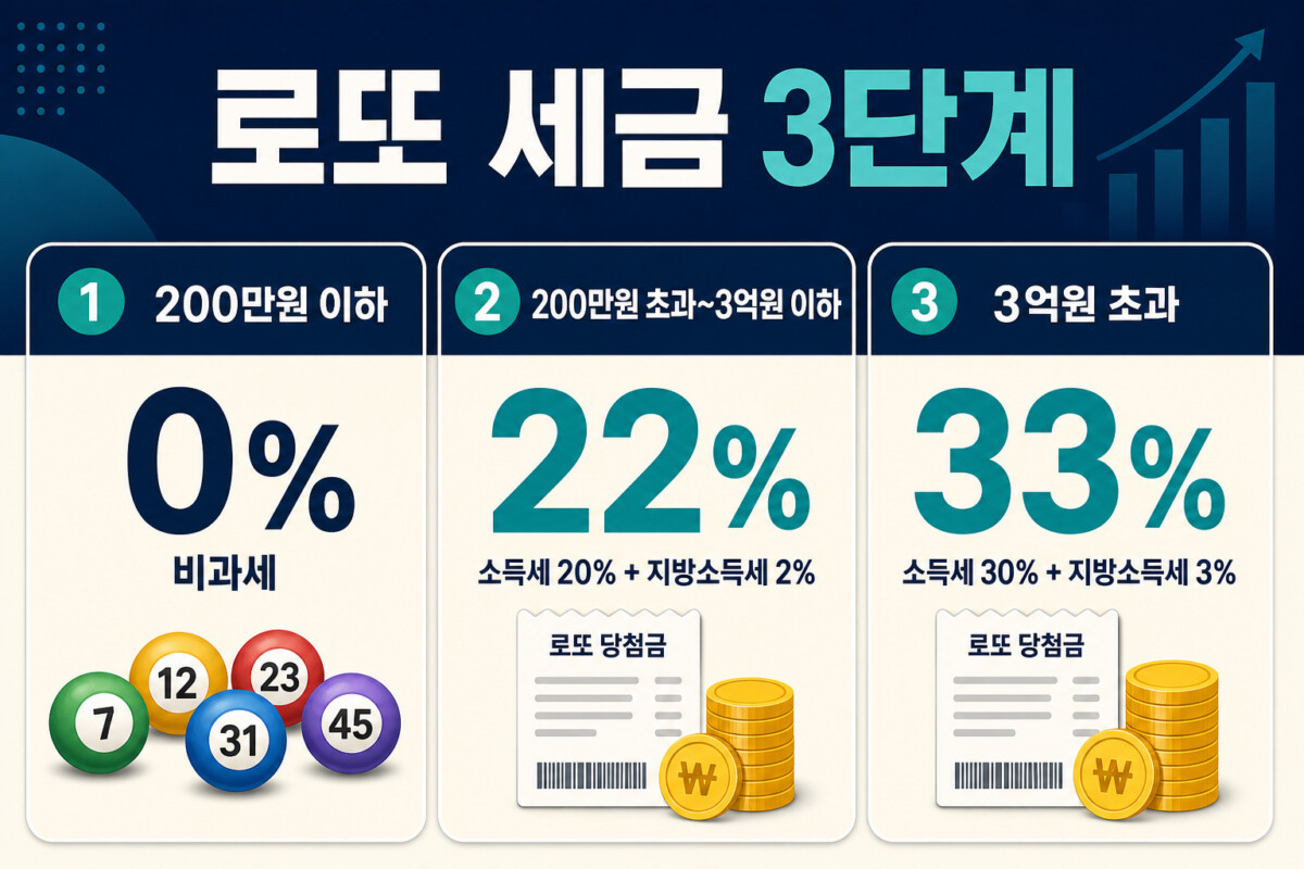 로또 당첨금 200만원 이하 비과세 3억원 이하 22% 초과 33% 인포그래픽
