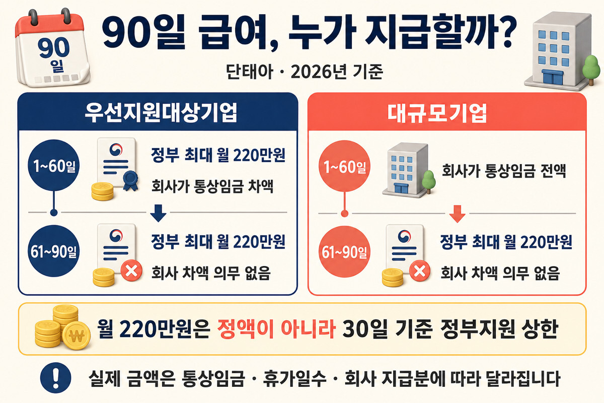 출산휴가 급여 우선지원대상기업과 대규모기업 90일 지급 구조 인포그래픽