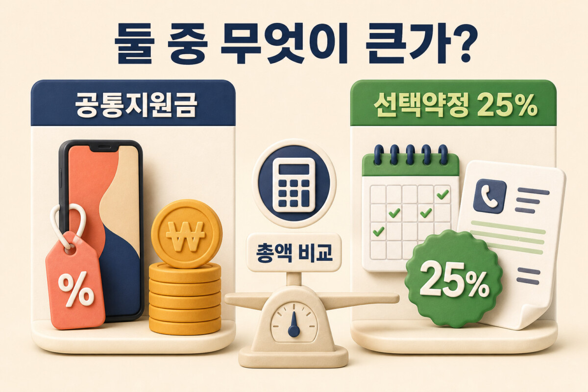 휴대폰 공통지원금과 선택약정 25% 총액을 저울과 계산기로 비교하는 이미지