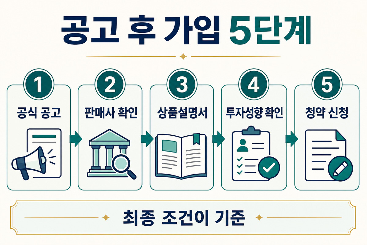 국민성장펀드 2차 공식 공고 확인부터 상품설명서 청약까지 가입 5단계 인포그래픽