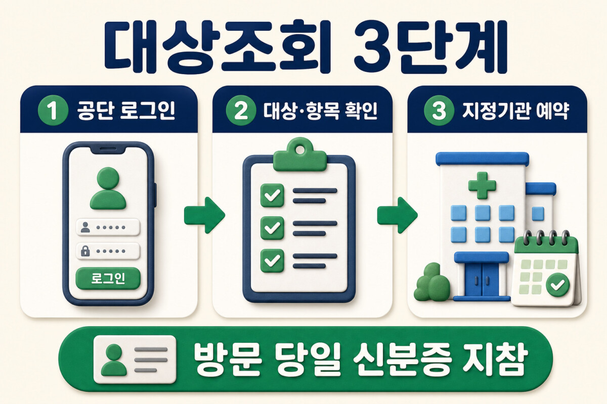 국민건강보험 국가건강검진 대상조회와 검진기관 예약 3단계 인포그래픽