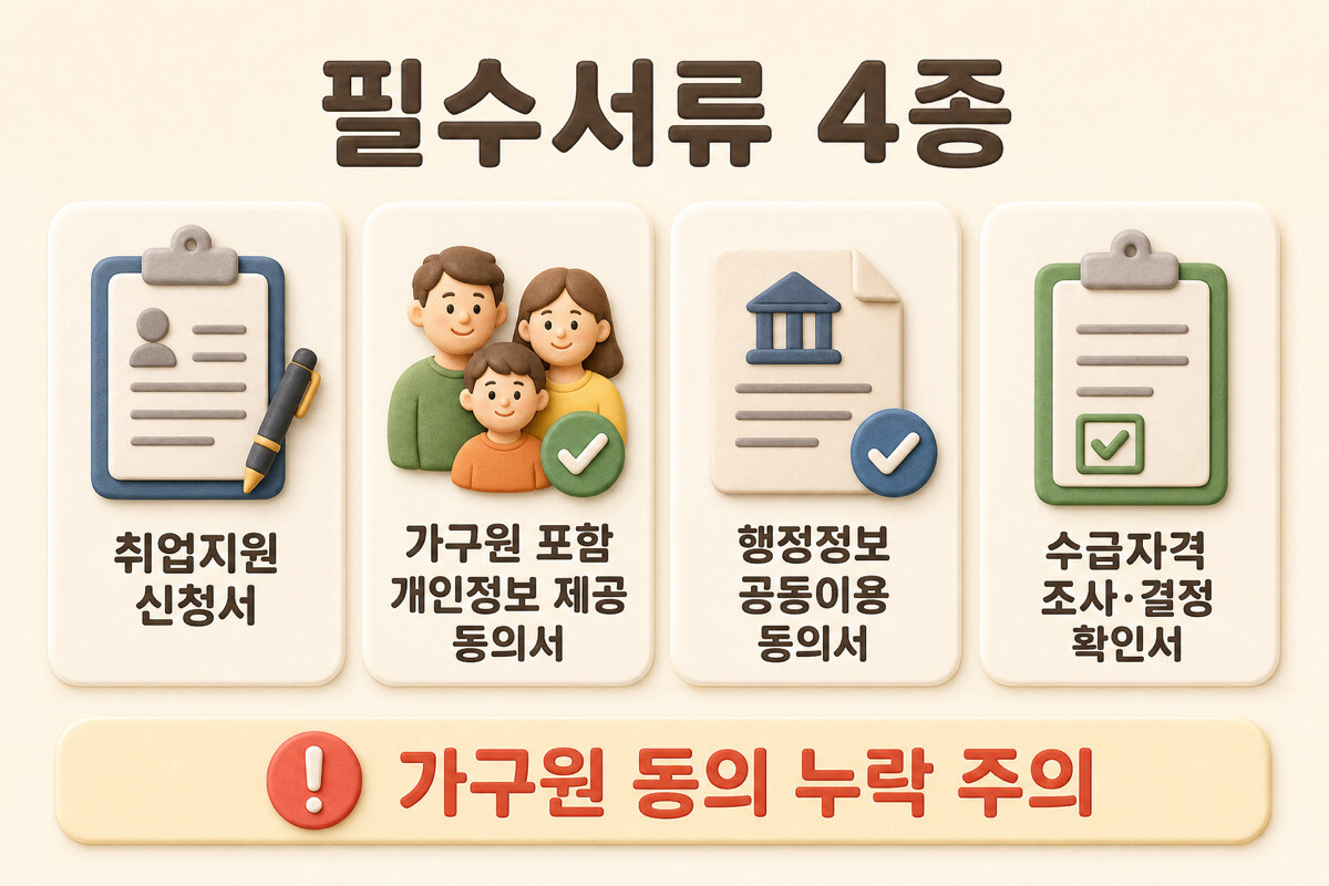 국민취업지원제도 필수서류 취업지원 신청서 개인정보 제공 동의 행정정보 공동이용 동의 수급자격 확인서 인포그래픽