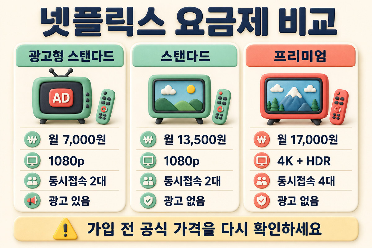 넷플릭스 광고형 스탠다드 스탠다드 프리미엄 가격 화질 동시접속 비교 인포그래픽