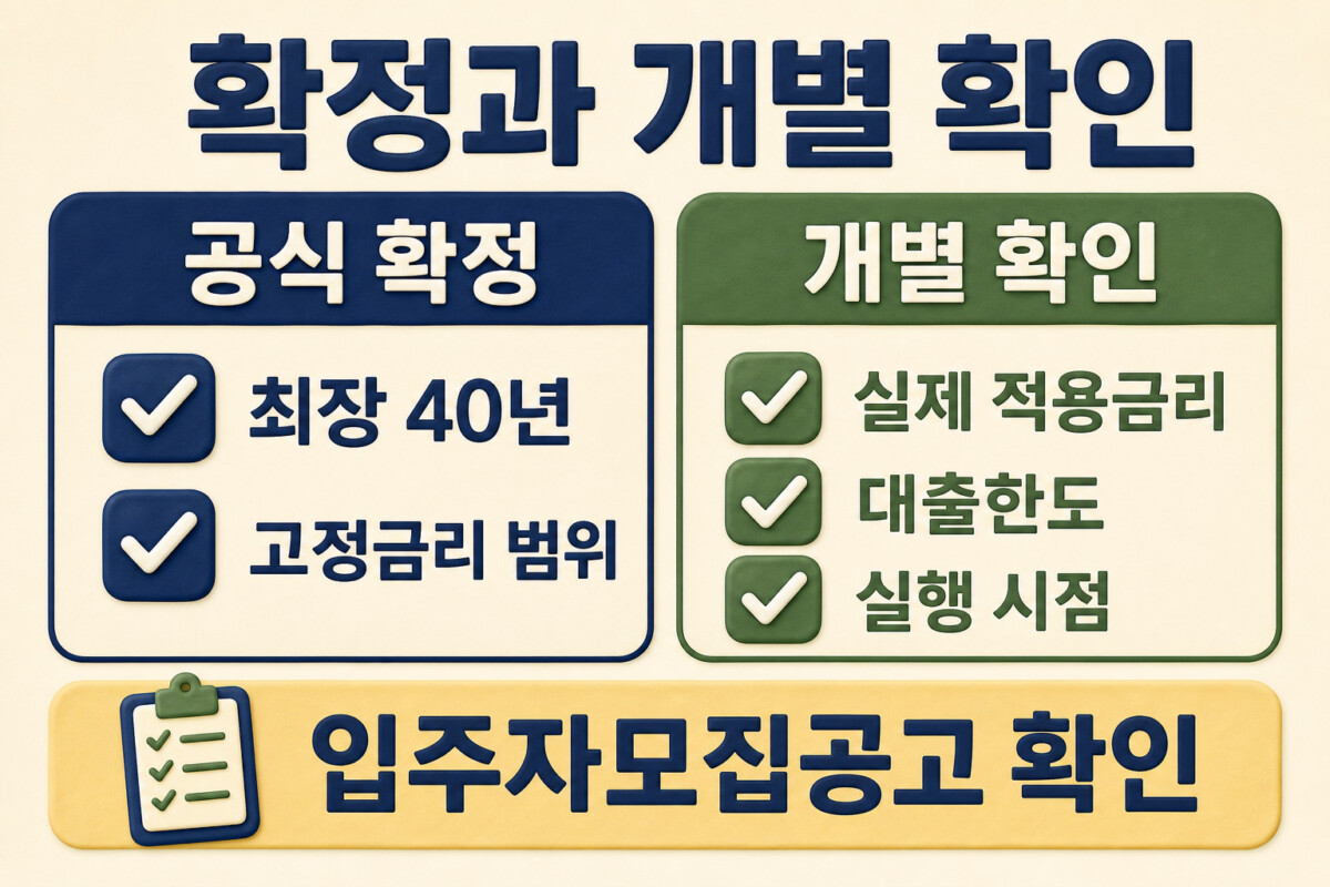 뉴홈 모기지 공식 확정값과 개별 확인 항목 체크리스트 인포그래픽