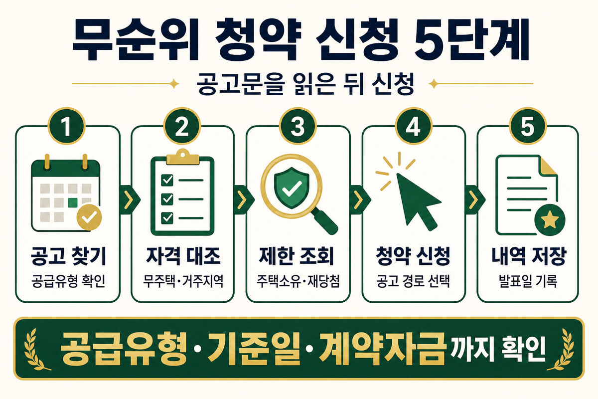 무순위 청약 공고문 조건 확인과 신청 순서 인포그래픽