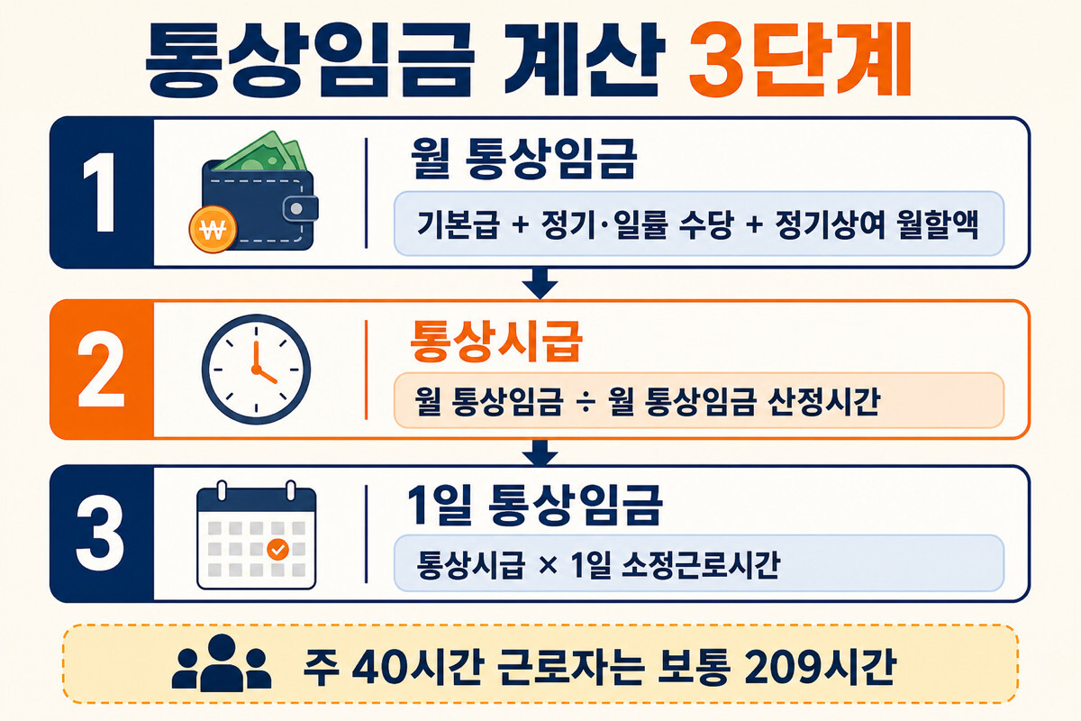 통상임금 계산기 월 통상임금 통상시급 1일 통상임금 3단계 공식 인포그래픽