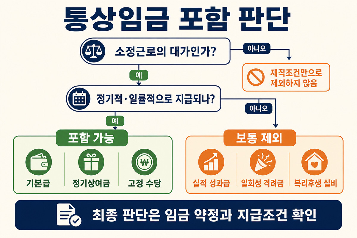 통상임금 포함 판단 소정근로 대가 정기성 일률성 재직조건 인포그래픽