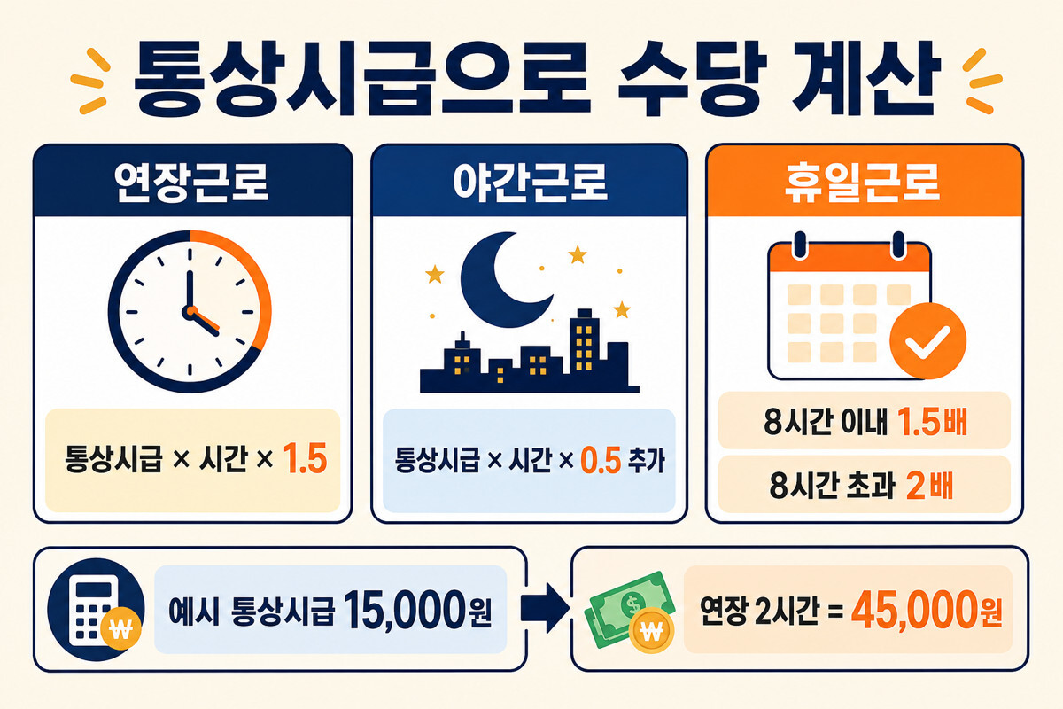 통상시급 연장근로 야간근로 휴일근로 1.5배 0.5배 2배 계산 인포그래픽