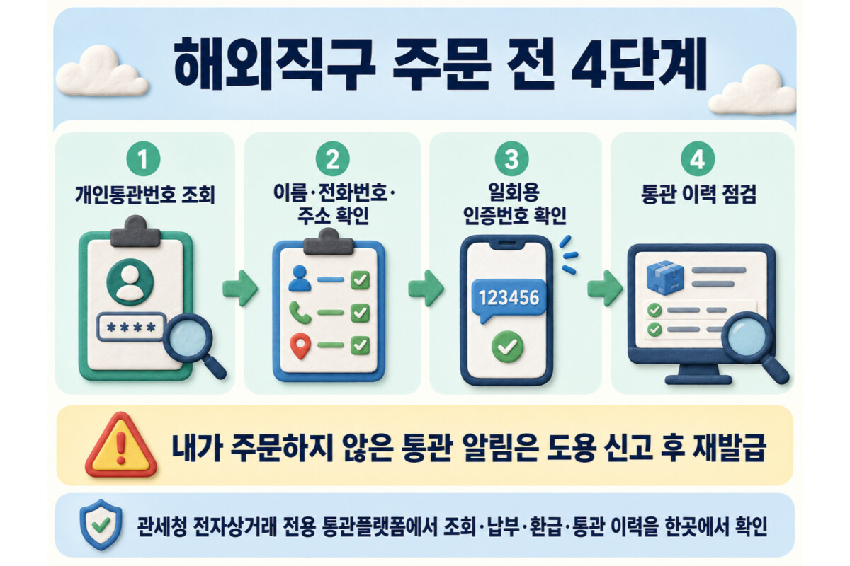 해외직구 주문 전 개인통관번호 조회 정보 일치 인증번호 통관 이력 4단계 인포그래픽