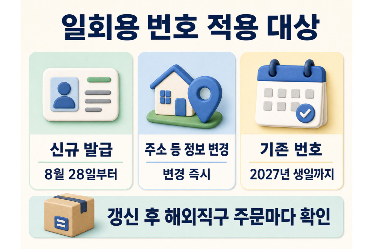 개인통관번호 일회용 번호 신규 발급 정보 변경 기존 번호 적용 시점 인포그래픽