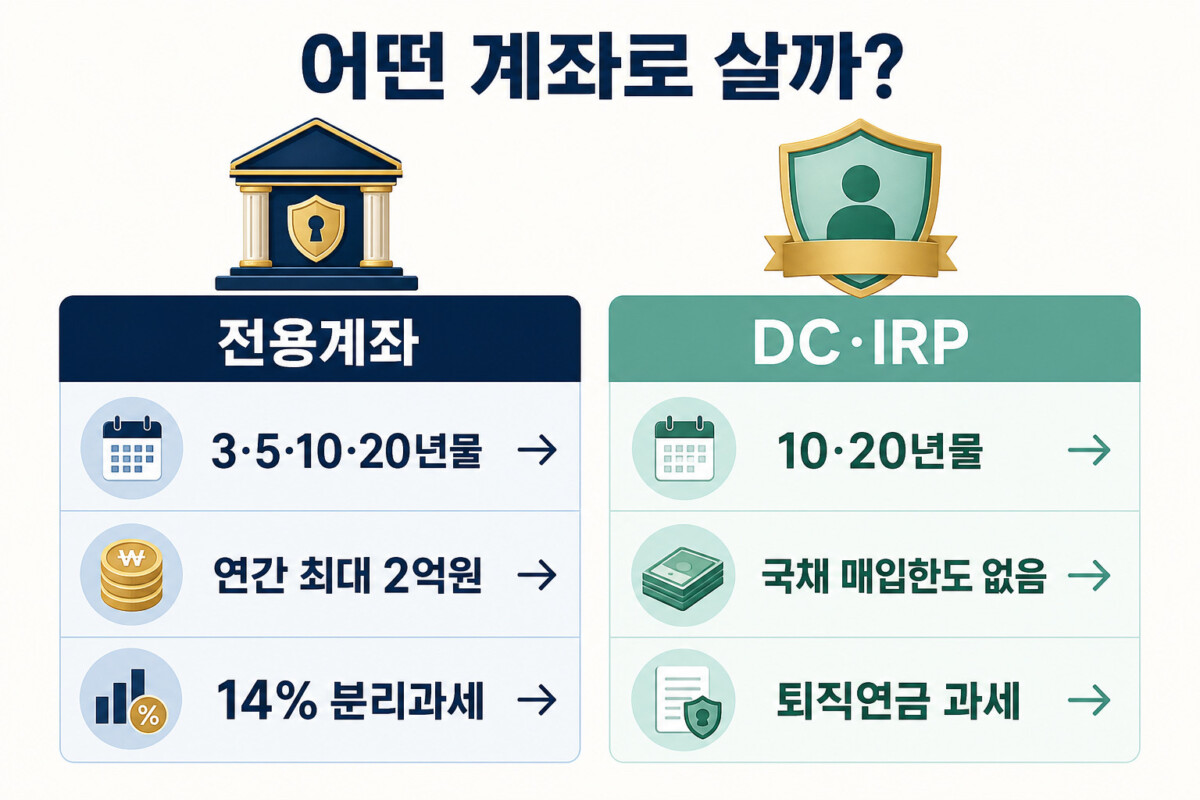 개인투자용 국채 전용계좌와 퇴직연금 DC IRP 매입 비교 인포그래픽