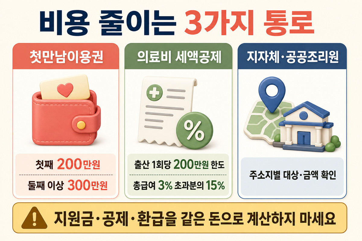 산후조리원 비용 첫만남이용권 의료비 세액공제 지자체 공공조리원 3가지 통로 인포그래픽
