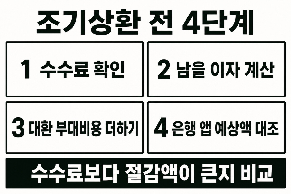 중도상환수수료 남을 이자 대환 부대비용 은행 앱 예상액을 비교하는 조기상환 4단계 인포그래픽