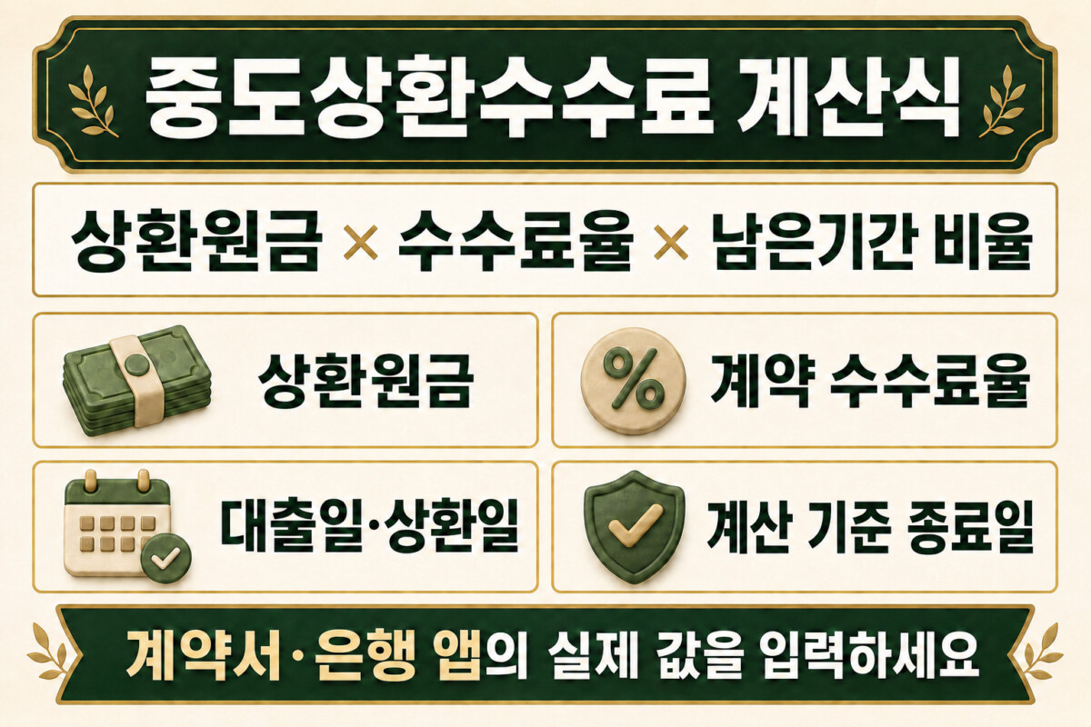 중도상환원금 계약 수수료율 대출일 상환일 계산 기준 종료일을 넣는 중도상환수수료 계산식 인포그래픽