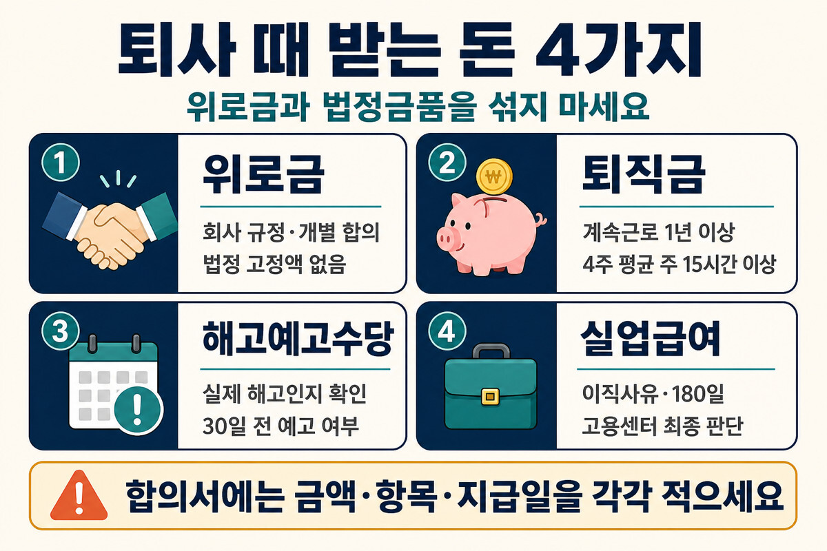 권고사직 위로금 퇴직금 해고예고수당 실업급여 차이 인포그래픽