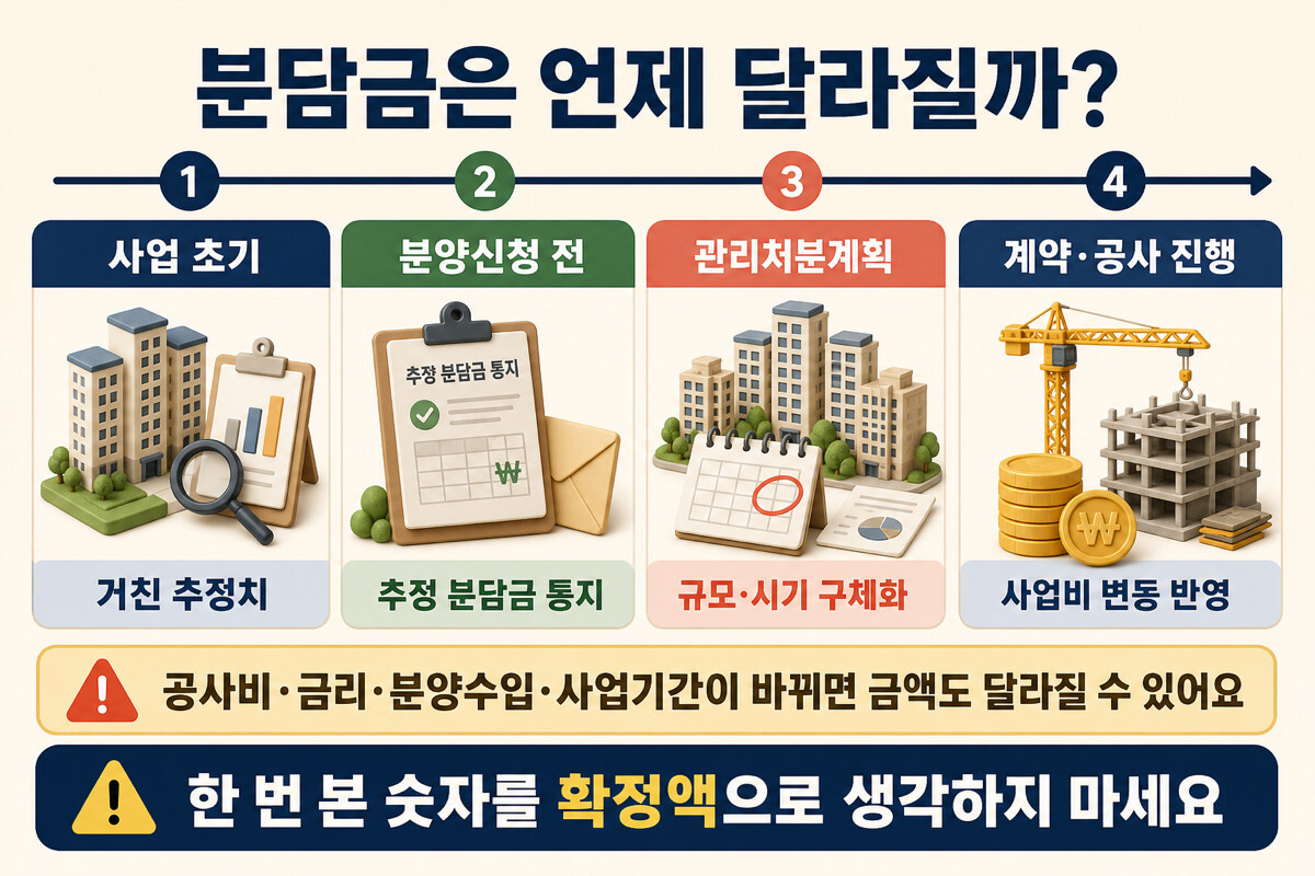 재건축 사업 초기 추정 분양신청 관리처분계획 공사비 변경 최종 정산의 분담금 변동 타임라인 인포그래픽