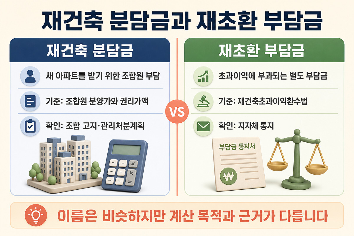조합원 분양가 권리가액 차액인 재건축 분담금과 초과이익 기준 재건축 부담금 차이 인포그래픽