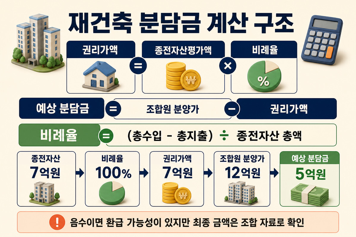종전자산평가액 추정비례율 권리가액 조합원 분양가로 계산하는 재건축 분담금 공식 인포그래픽