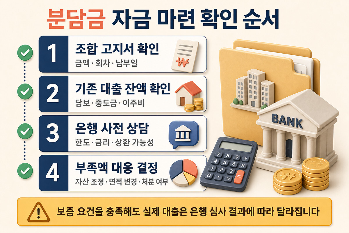 재건축 분담금 납부액 자기자금 집단대출 은행심사 부족액을 확인하는 자금 준비 인포그래픽
