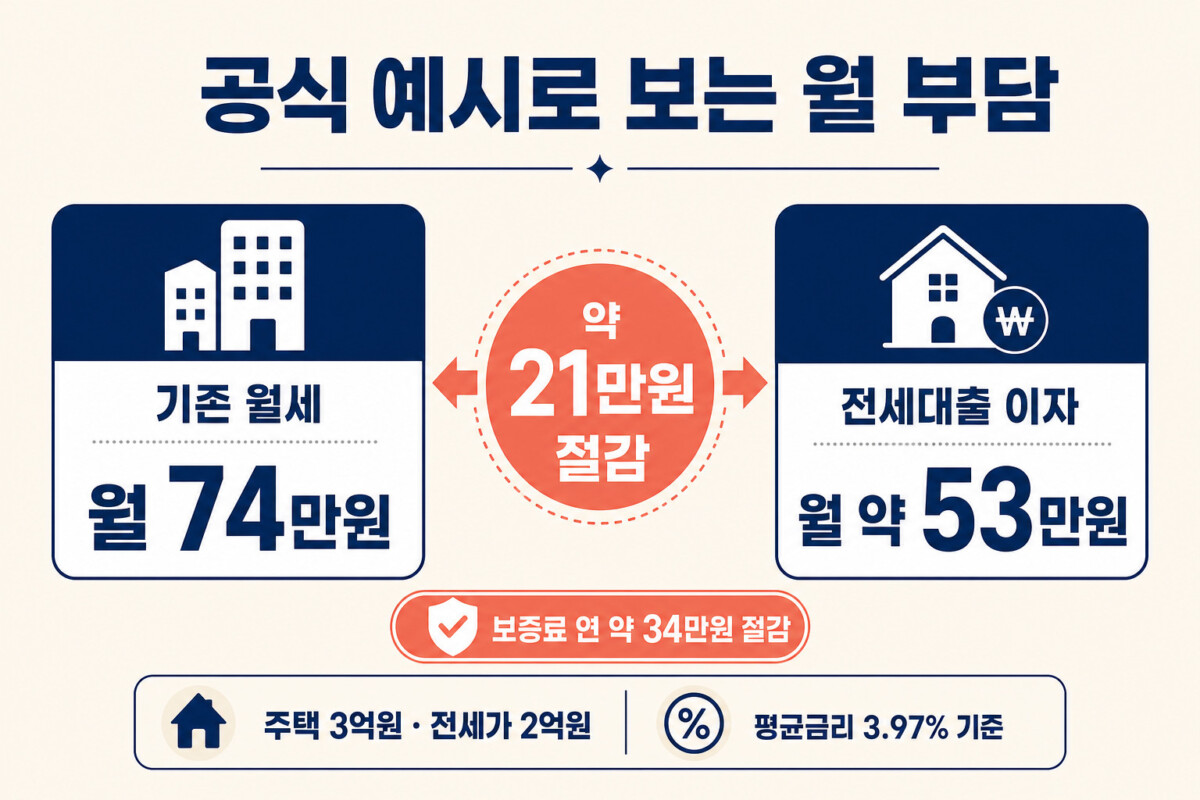 전월세 안심신탁 월세 74만원 전세대출 이자 53만원 공식 예시 인포그래픽