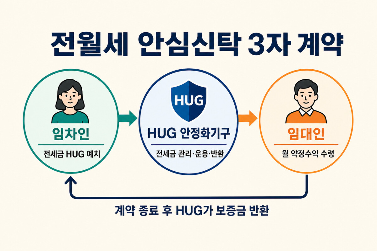 전월세 안심신탁 HUG 임대인 임차인 3자 계약 돈 흐름 인포그래픽
