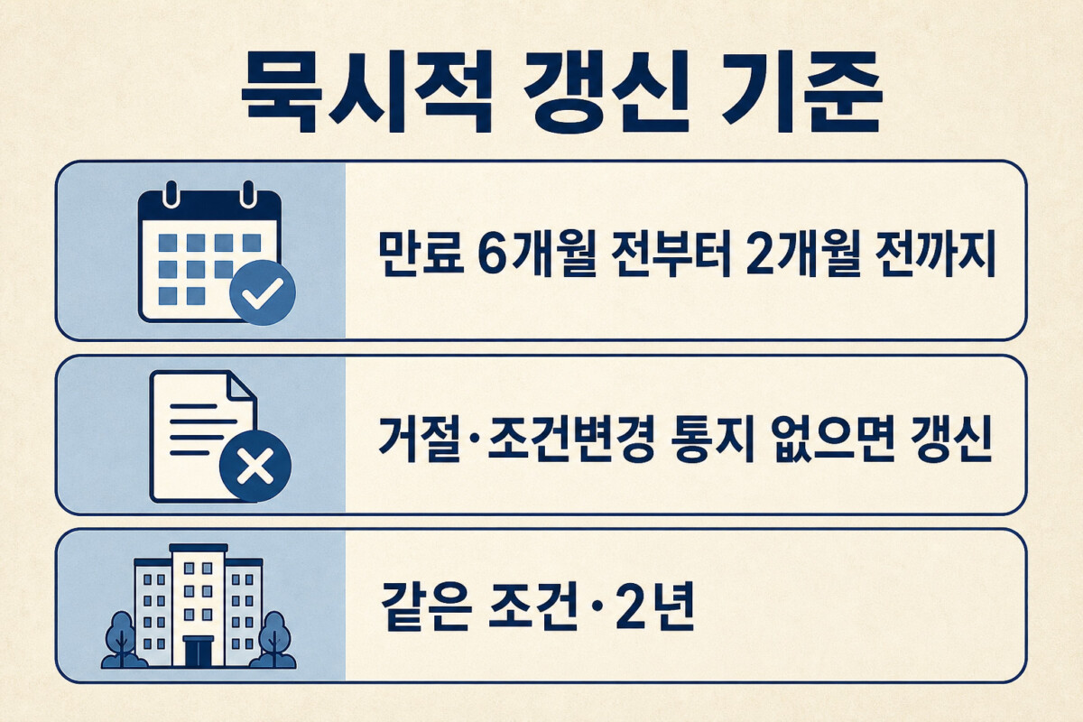 월세 묵시적 갱신 통지 기간과 2년 효과 인포그래픽