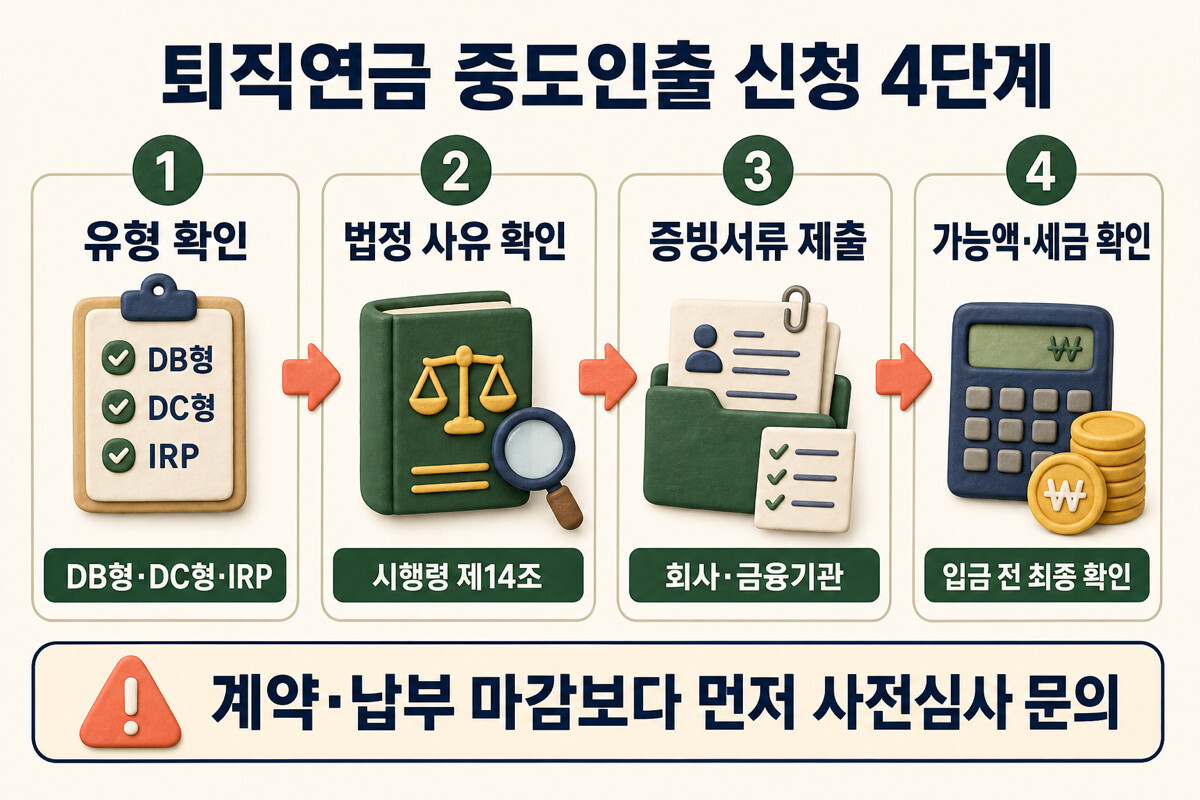 퇴직연금 중도인출 유형 확인부터 입금까지 4단계 인포그래픽