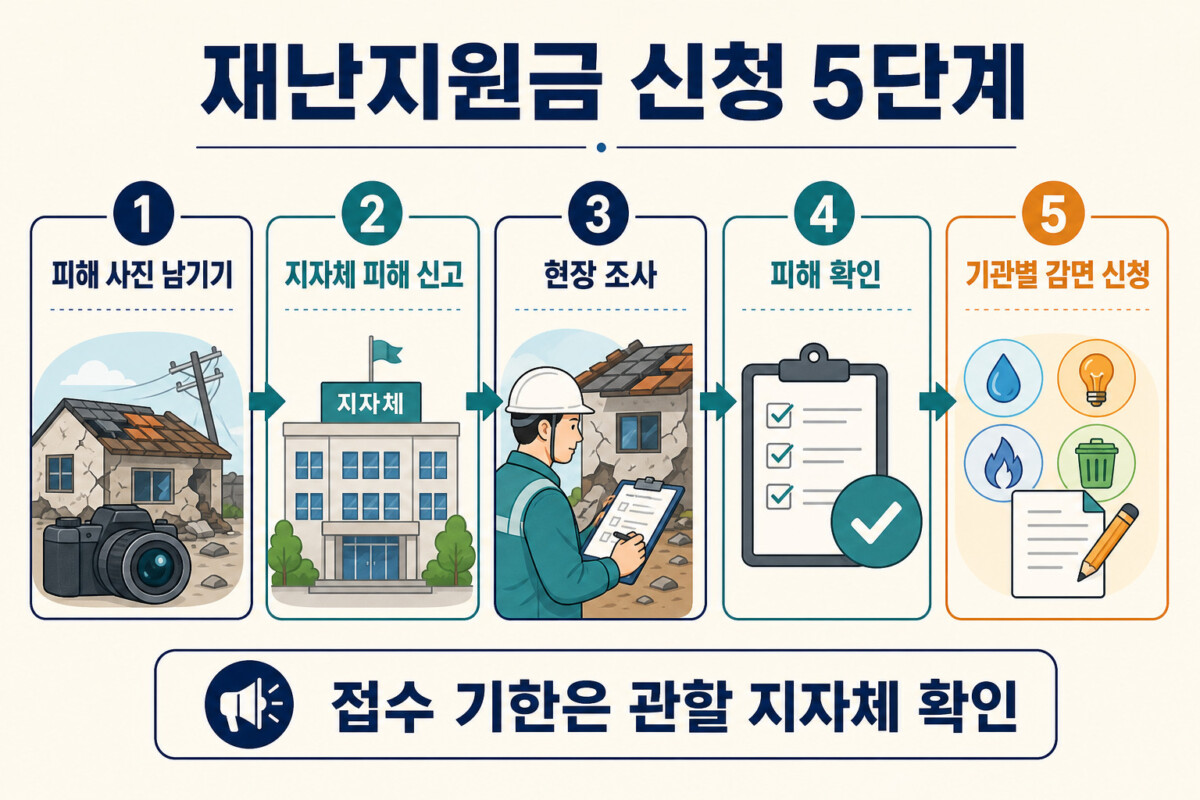 특별재난지역 재난지원금 피해 신고부터 기관별 감면 신청까지 5단계 인포그래픽