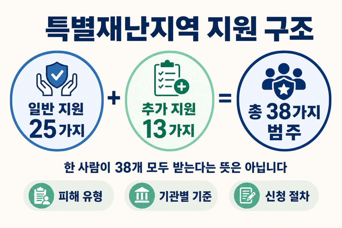 특별재난지역 일반 25가지 추가 13가지 총 38가지 지원 인포그래픽
