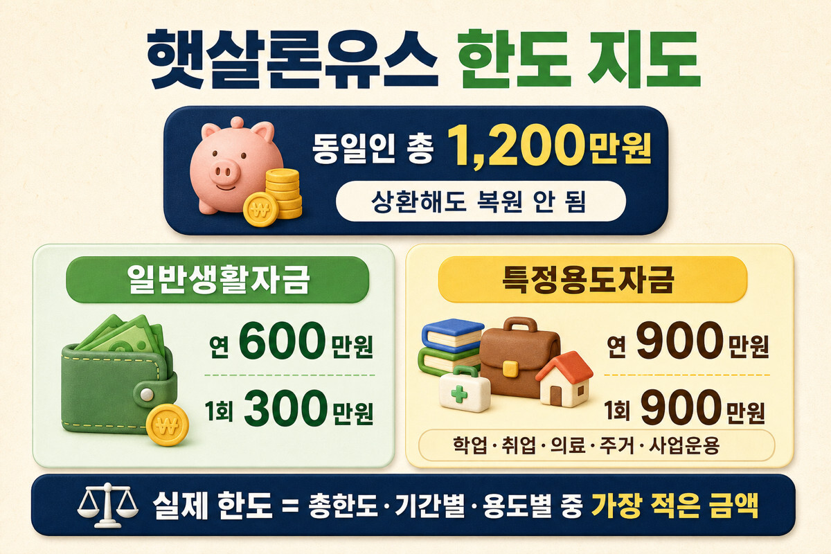 햇살론유스 1200만원 누적 한도와 일반생활자금 특정용도자금 비교 인포그래픽