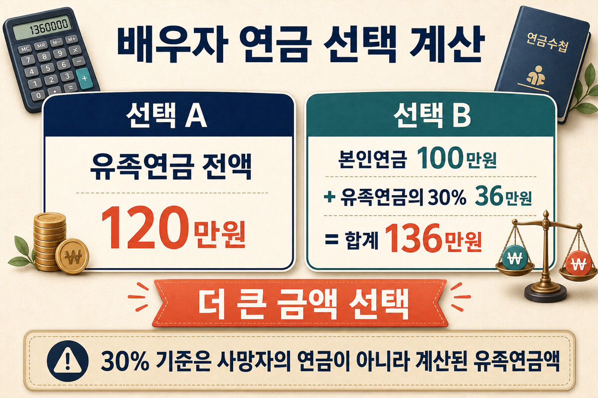 배우자가 유족연금 120만원과 본인 노령연금 100만원에 유족연금 30퍼센트를 더한 136만원을 비교하는 인포그래픽