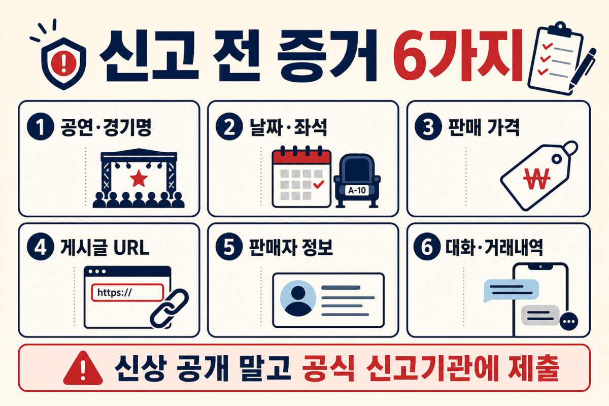 암표 신고 전 공연 경기명 날짜 좌석 판매가격 URL 판매자정보 대화 거래내역 증거 6가지 인포그래픽