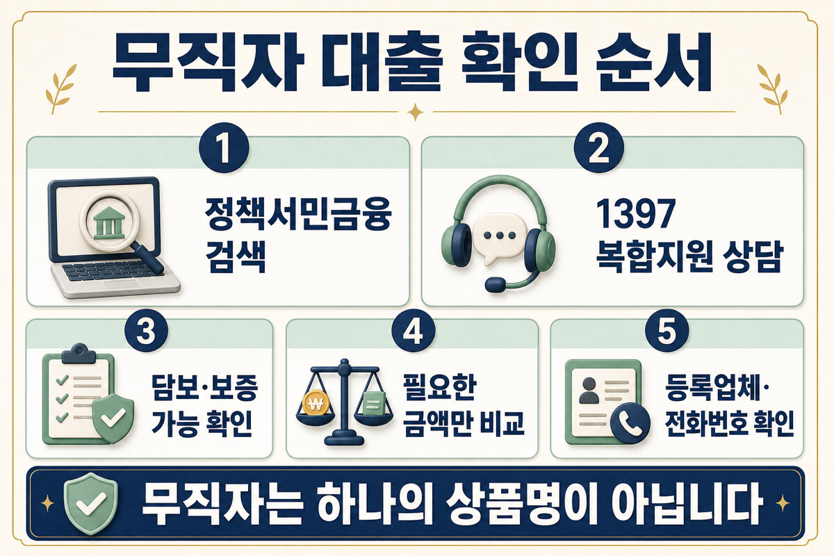 무직자 대출 정책금융 담보 보증 소액신용 등록확인 5단계 인포그래픽