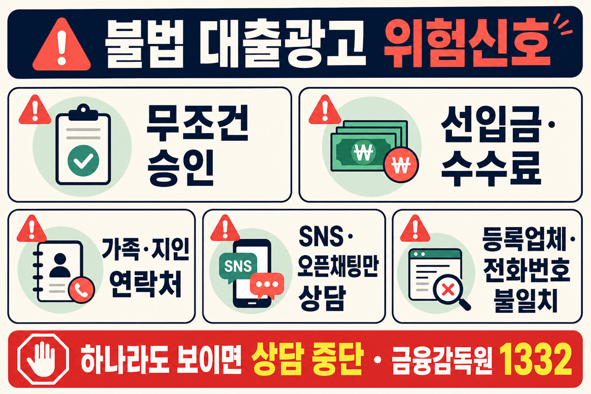 무직자 대출 불법광고 무조건승인 선입금 가족연락처 메신저 상담 등록전화 불일치 위험신호 인포그래픽