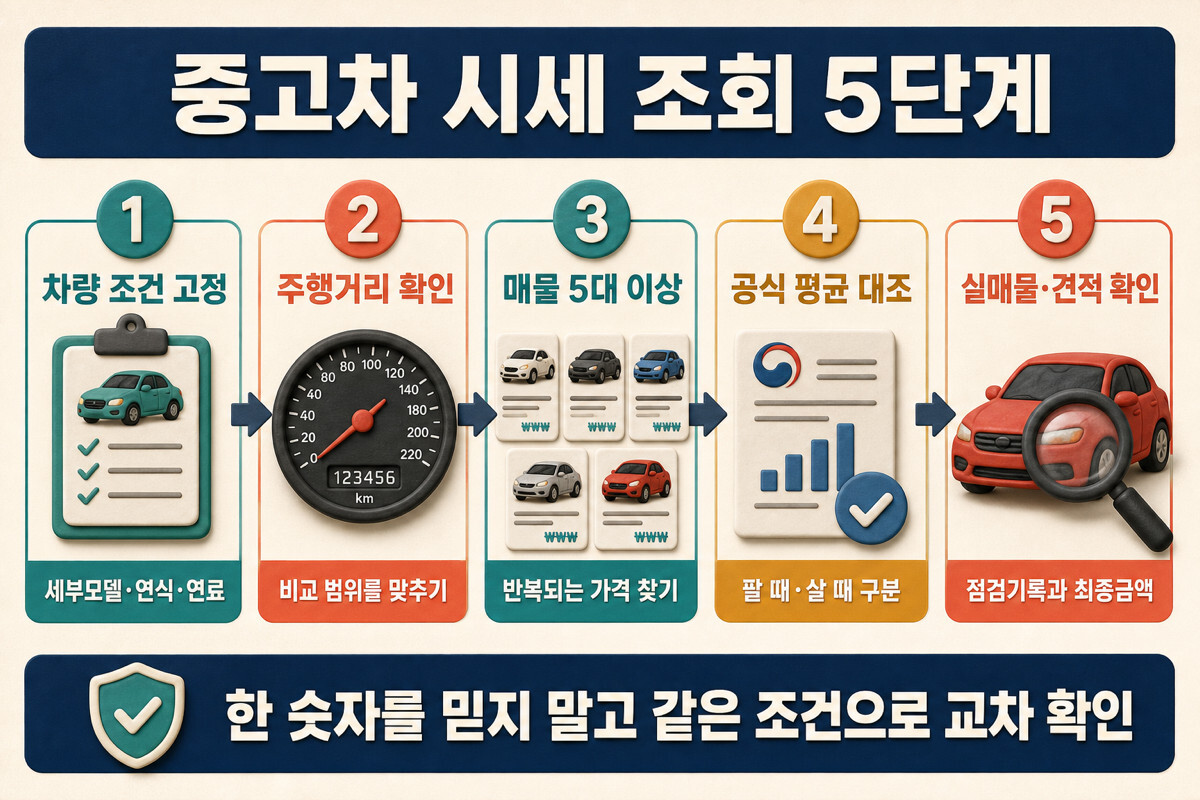 중고차 시세 조회 차량 조건 확인부터 실매물 점검까지 5단계 인포그래픽