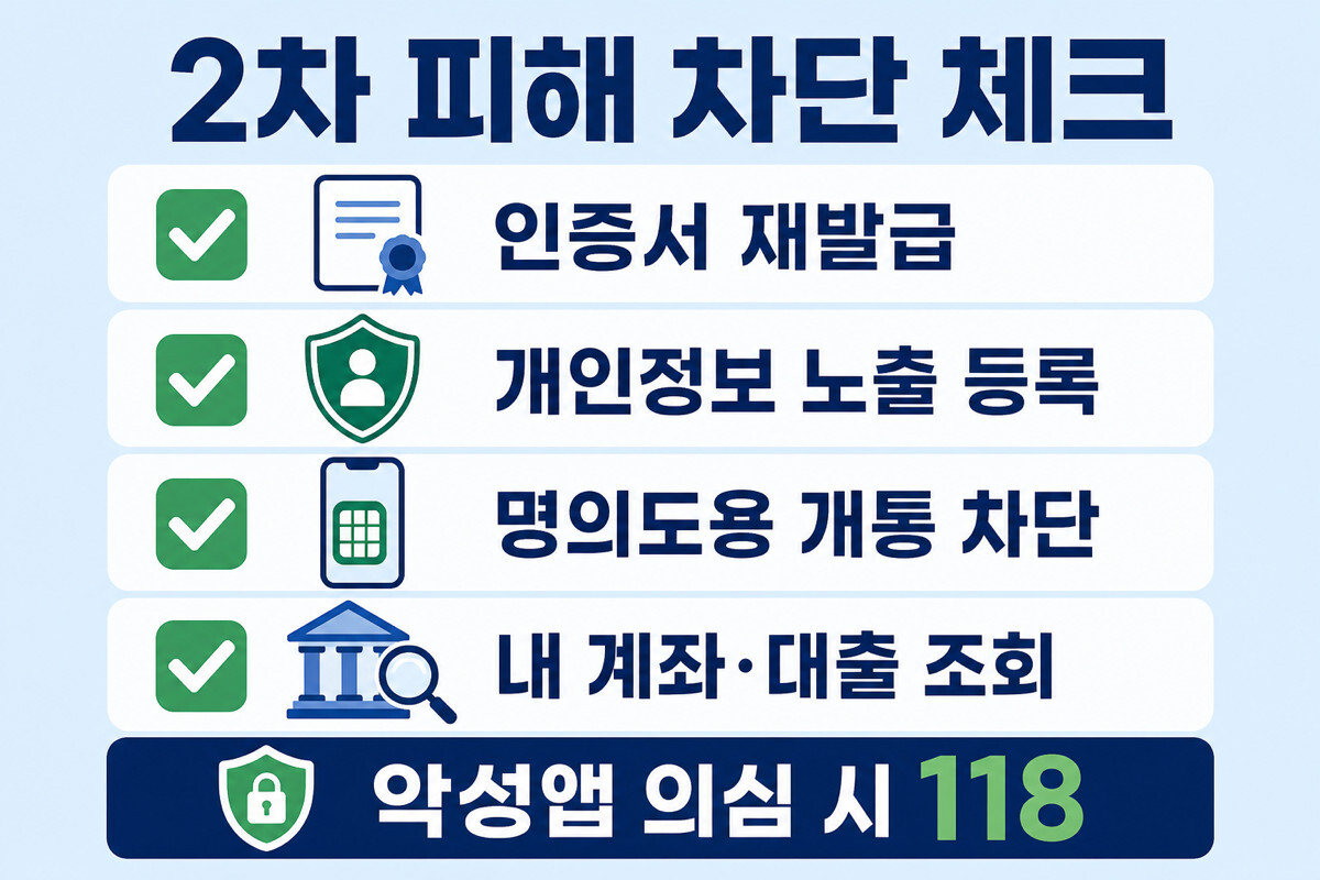 보이스피싱 2차 피해 차단 인증서 재발급 개인정보 노출 등록 명의도용 개통 차단 계좌 대출 조회 인포그래픽